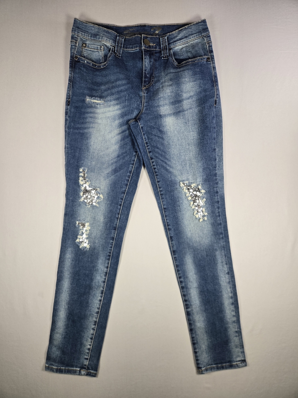 Seven7 Distressed Sequin Patch Girlfriend Embelished Sparkle Jeans Size 8